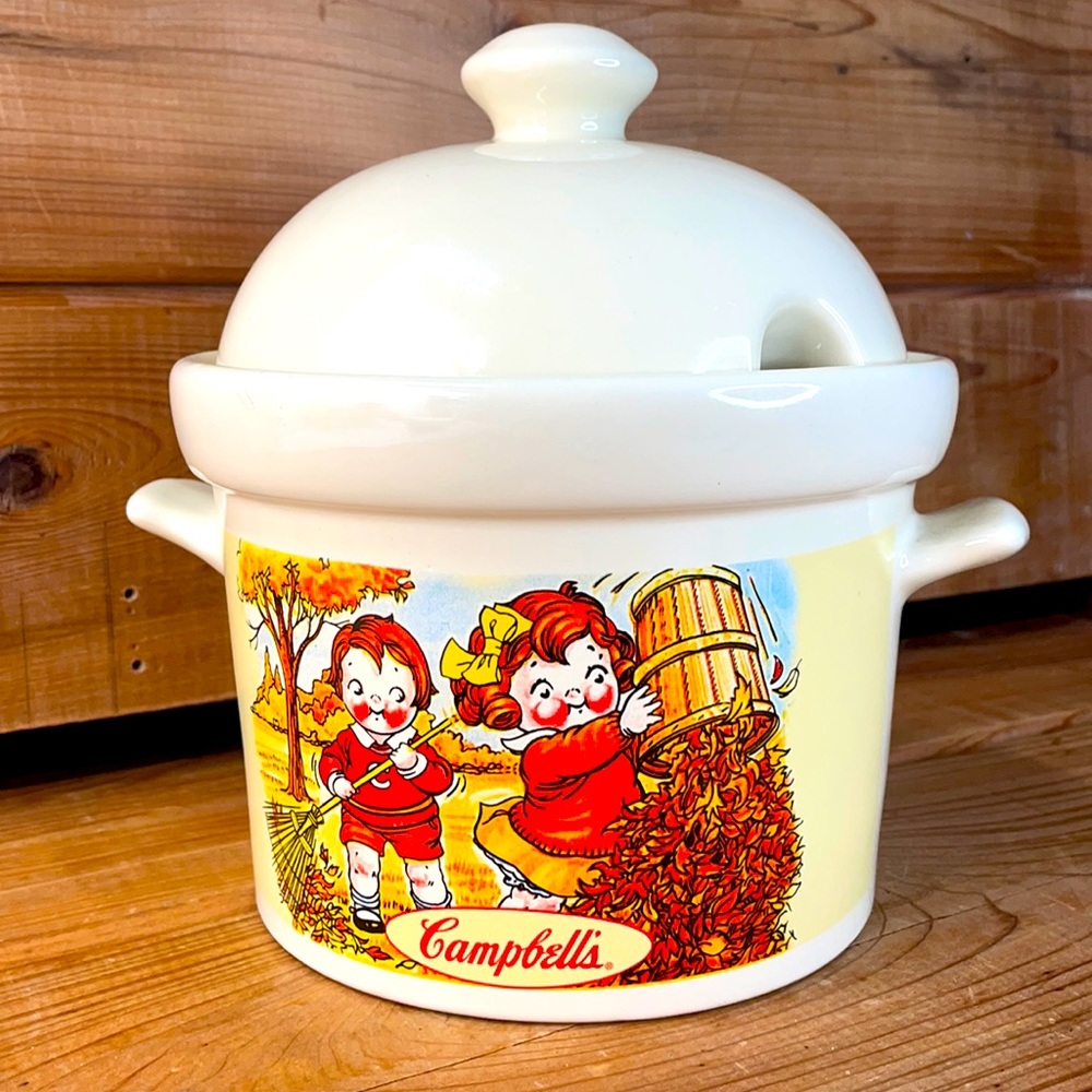1998 Vintage Campbell's Soup Tureen Pot w/Lid & Ladle "Fall Theme" with Kids